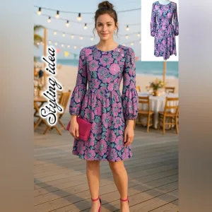 Lilly Pulitzer Dress XXS Pink Floral Long Sleeve A-Line Boho Party Beach Casual