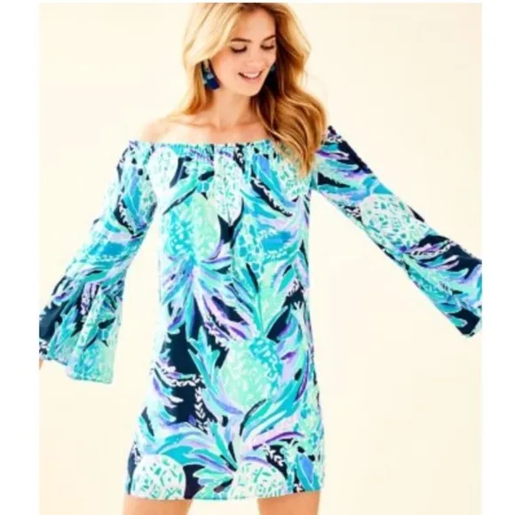 Lilly Pulitzer Nevie Off Shoulder Dress in Alotta Colada Pineapple Size XS