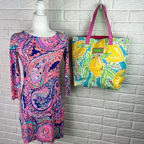 LILLY PULITZER Sophie Blue Drop Me A Lime Jersey Tunic Dress Sz XXS BONUS TOTE