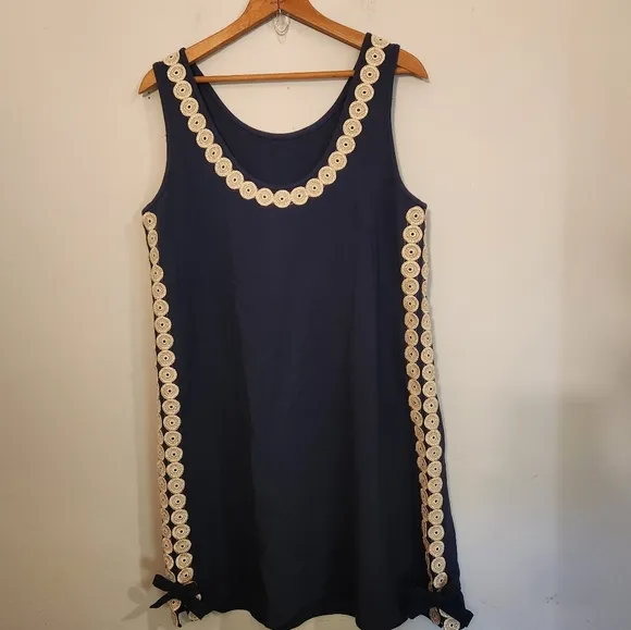 Lilly Pulitzer Stella Shift Dress Navy Gold Size 8 | Bows &amp; Pockets