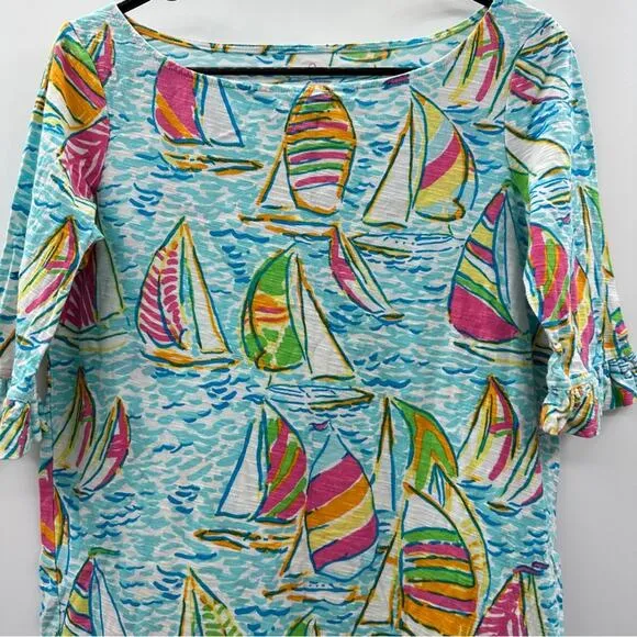 Lilly Pulitzer You Gotta Regatta Camie Sailboat Print Short Sleeve Dress‎ Sz S