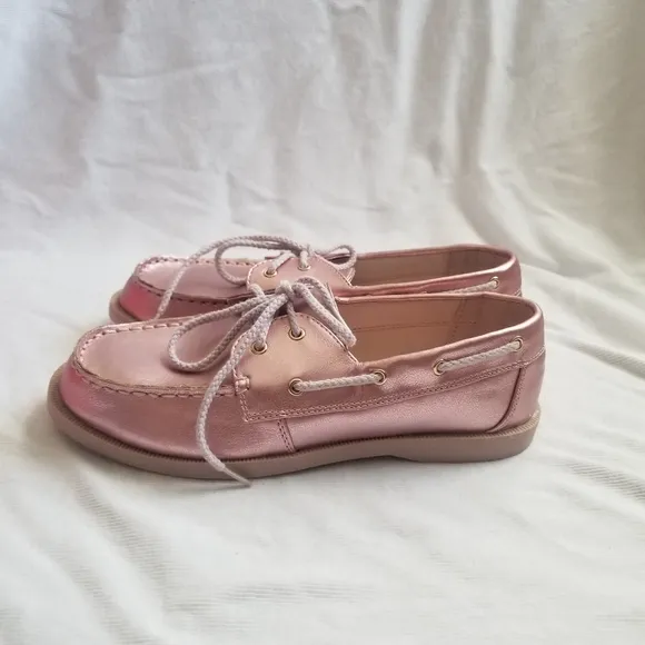 Little Miss Matched Rose Pink Gold Faux Leather Metallic Lace Up Boat Loafers