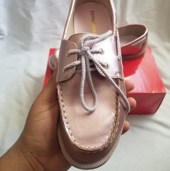 Little Miss Matched Rose Pink Gold Faux Leather Metallic Lace Up Boat Loafers