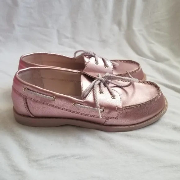 Little Miss Matched Rose Pink Gold Faux Leather Metallic Lace Up Boat Loafers