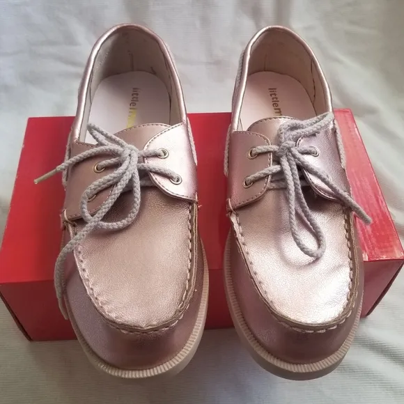Little Miss Matched Rose Pink Gold Faux Leather Metallic Lace Up Boat Loafers