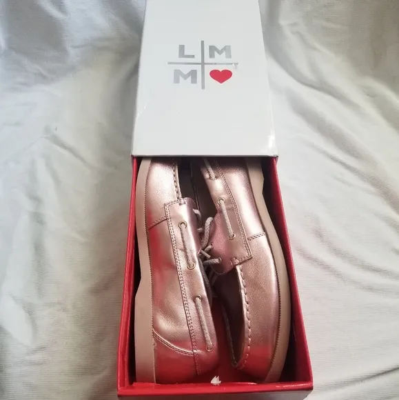 Little Miss Matched Rose Pink Gold Faux Leather Metallic Lace Up Boat Loafers