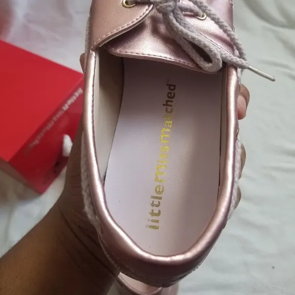 Little Miss Matched Rose Pink Gold Faux Leather Metallic Lace Up Boat Loafers