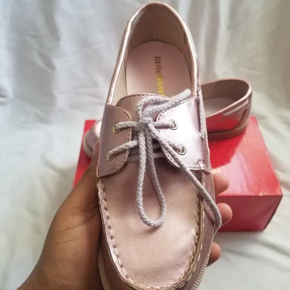 Little Miss Matched Rose Pink Gold Faux Leather Metallic Lace Up Boat Loafers