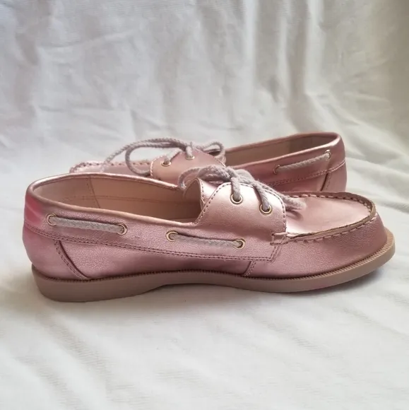 Little Miss Matched Rose Pink Gold Faux Leather Metallic Lace Up Boat Loafers
