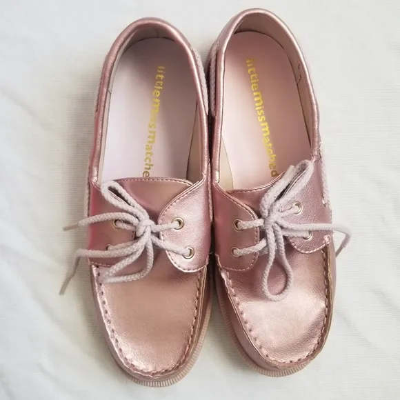 Little Miss Matched Rose Pink Gold Faux Leather Metallic Lace Up Boat Loafers
