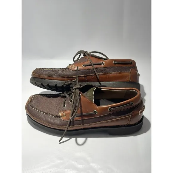 LL Bean Allagash Bison Men's Brown Leather Slip On Handsewn Boat Shoes Size 9.5
