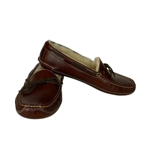LL Bean Mens Leather Shearling Lined Moccasin Slippers Size 12D Warm