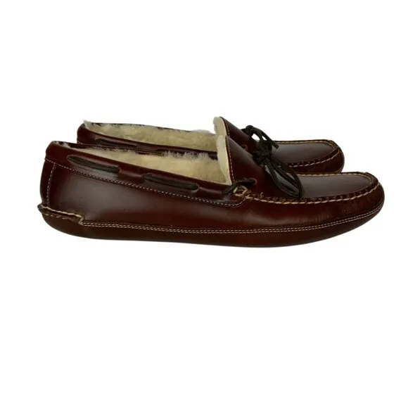 LL Bean Mens Leather Shearling Lined Moccasin Slippers Size 12D Warm