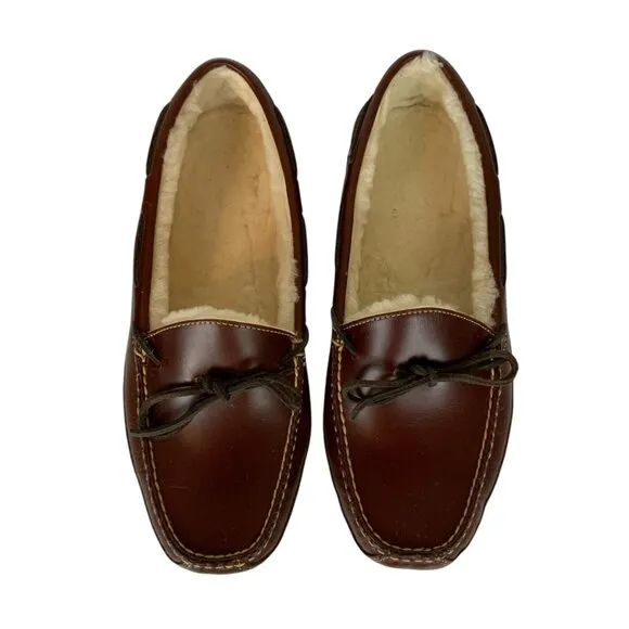 LL Bean Mens Leather Shearling Lined Moccasin Slippers Size 12D Warm
