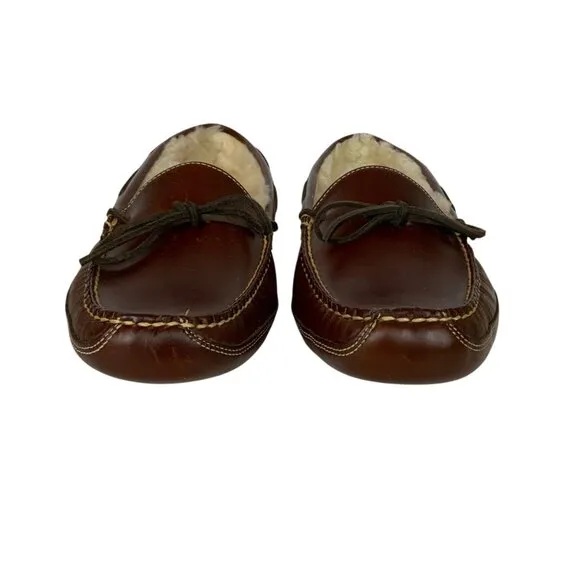 LL Bean Mens Leather Shearling Lined Moccasin Slippers Size 12D Warm