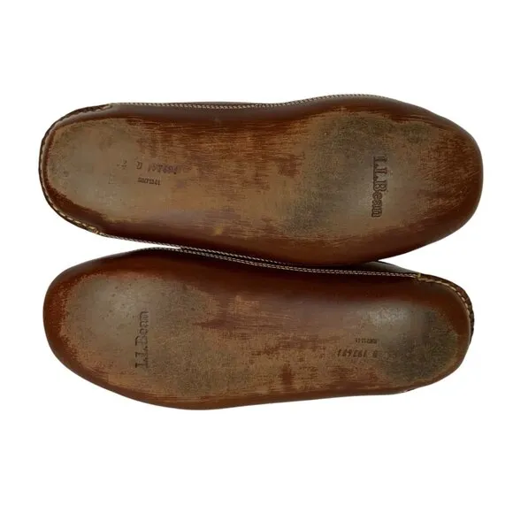 LL Bean Mens Leather Shearling Lined Moccasin Slippers Size 12D Warm