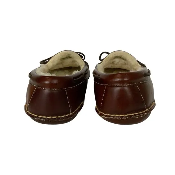 LL Bean Mens Leather Shearling Lined Moccasin Slippers Size 12D Warm