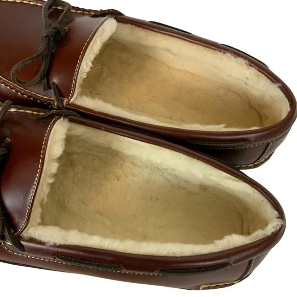 LL Bean Mens Leather Shearling Lined Moccasin Slippers Size 12D Warm