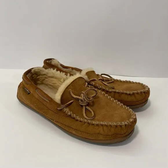L.L. Bean Men's Wicked Good Moccasins Slippers Brown Suede Shearling Size 11