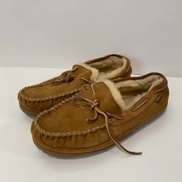L.L. Bean Men's Wicked Good Moccasins Slippers Brown Suede Shearling Size 11