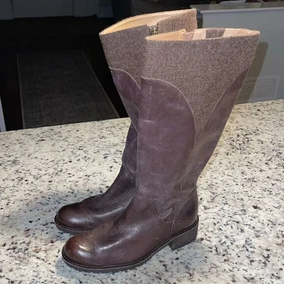 L.L. Bean Women’s Brown Leather Wool Side Zip Knee High Boots Lug Sole Riding Si