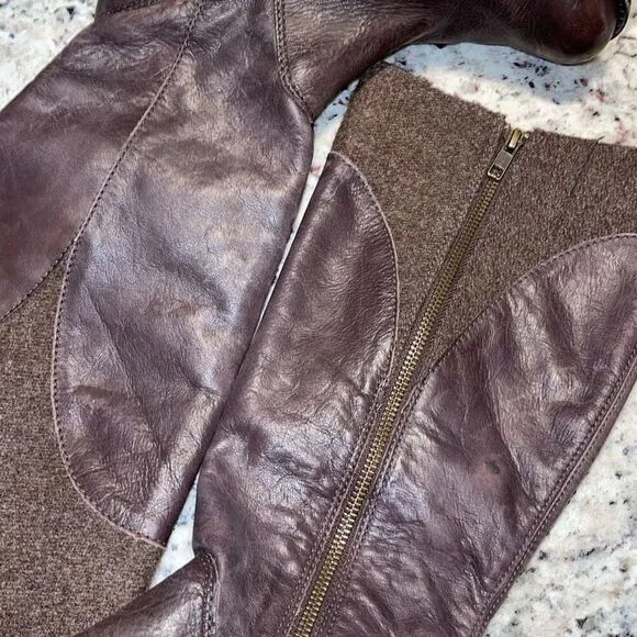 L.L. Bean Women’s Brown Leather Wool Side Zip Knee High Boots Lug Sole Riding Si