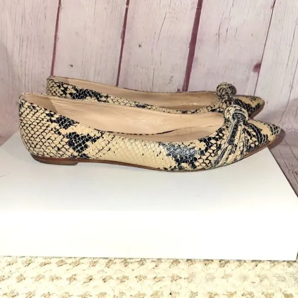 Loeffler Randall &quot;Mignon Knot&quot; Blk/Tan Snakeskin Print Leather Flats 8M $325
