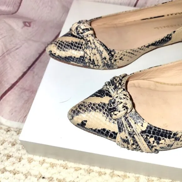Loeffler Randall &quot;Mignon Knot&quot; Blk/Tan Snakeskin Print Leather Flats 8M $325