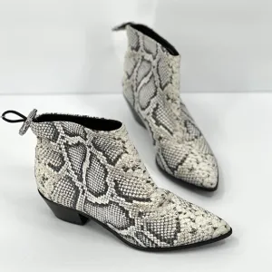 LONGCHAMP Ankle Boots Womens 36 Cream Black Python Printed Leather Bootie NWOB