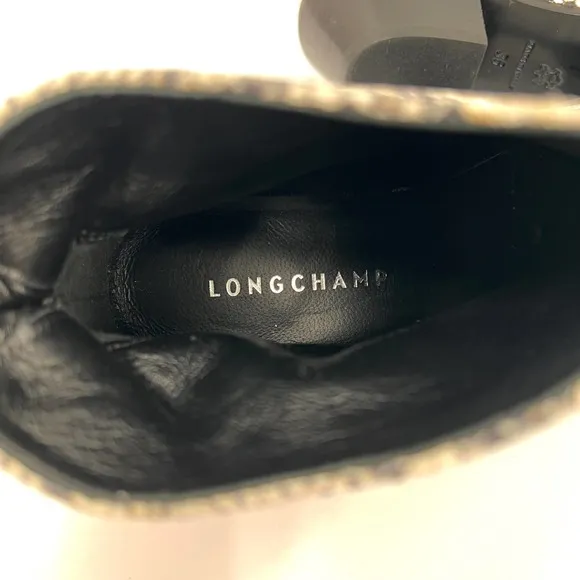 LONGCHAMP Ankle Boots Womens 36 Cream Black Python Printed Leather Bootie NWOB