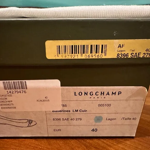 Longchamp New Balerines LM Cuir  Leather Ballet Flats, size 40, Color Lagoon,