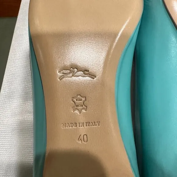 Longchamp New Balerines LM Cuir  Leather Ballet Flats, size 40, Color Lagoon,