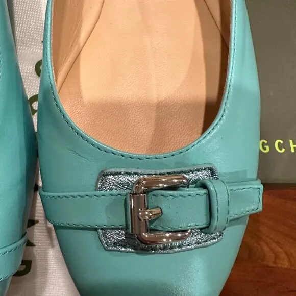 Longchamp New Balerines LM Cuir  Leather Ballet Flats, size 40, Color Lagoon,