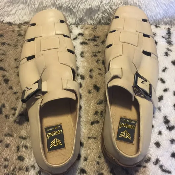 Lorenzi Italy Woven Cream Color Leather Mens Italian Buckle Sandal Shoes