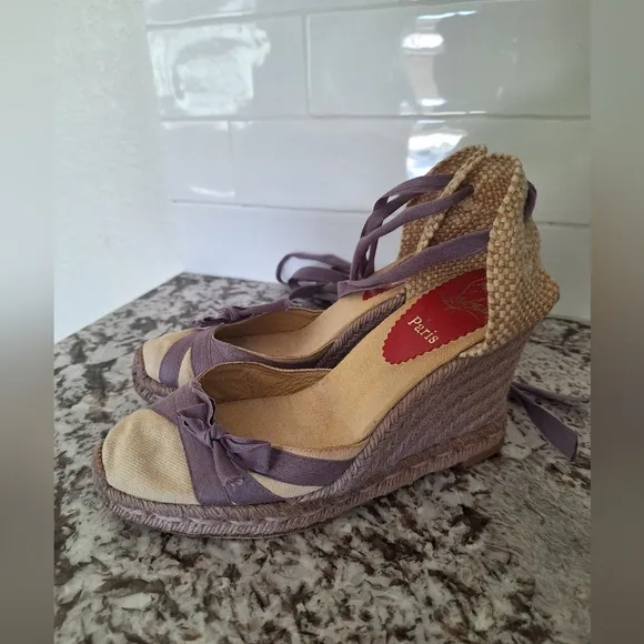LOUBOUTIN | lace-up espadrille wedges | Cream Purple Size EU 35