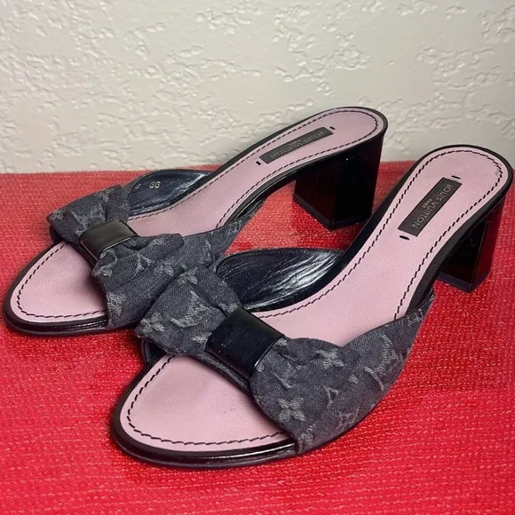 Louis Vuitton Pink and Black Mules with Textured Strap