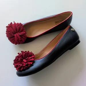 Love Moschino  Black &amp; Red Leather Pom Pom Ballet Flats (37/7)