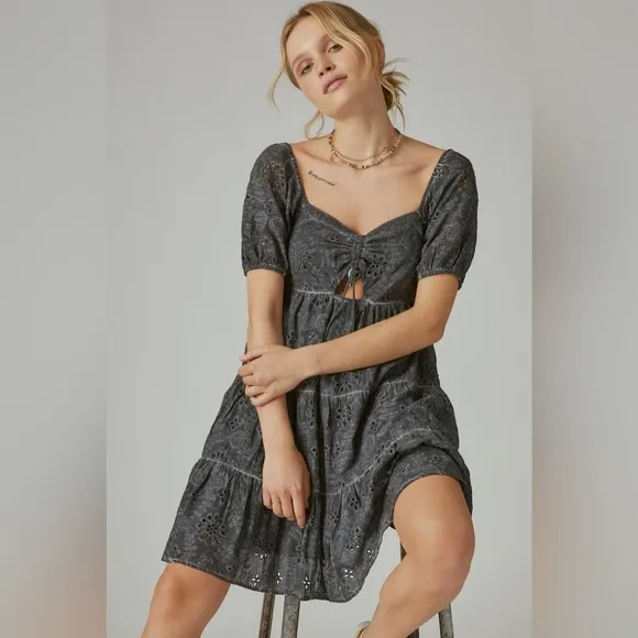 🆕LUCKY BRAND Eyelet Mini Dress Washed Black-Size Small