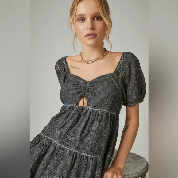🆕LUCKY BRAND Eyelet Mini Dress Washed Black-Size Small