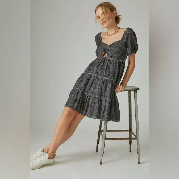🆕LUCKY BRAND Eyelet Mini Dress Washed Black-Size Small