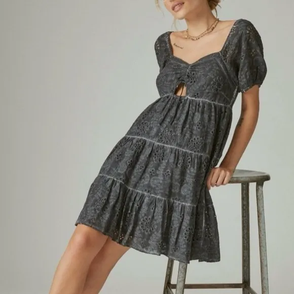🆕LUCKY BRAND Eyelet Mini Dress Washed Black-Size Small
