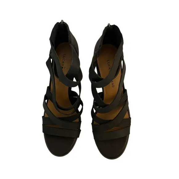 Lucky Brand Size 11 Kallia Heel Sandals Black Leather Strappy Gladiator Block