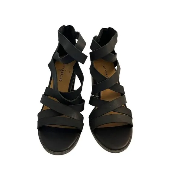 Lucky Brand Size 11 Kallia Heel Sandals Black Leather Strappy Gladiator Block