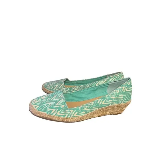 lucky brand Size 8M espadrille wedge green ikat pattern CUTE Jute heel