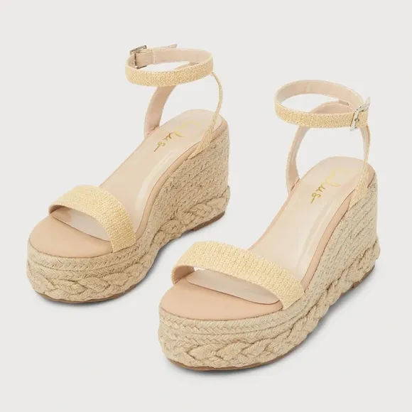 Lulu’s Cesilie Natural Woven Ankle Strap Platform Espadrille Wedges
