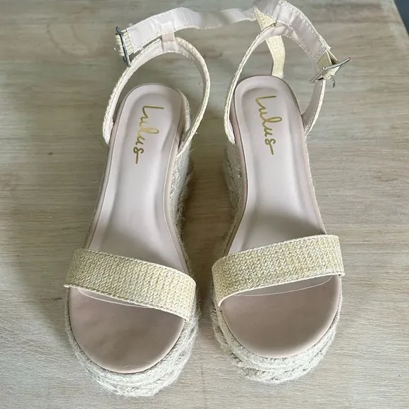 Lulu’s Cesilie Natural Woven Ankle Strap Platform Espadrille Wedges