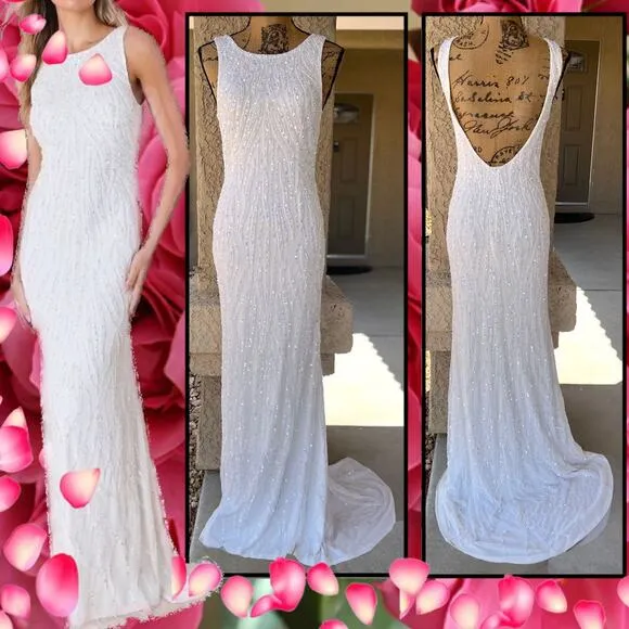Lulus Glamourous Ever After White Sequin Beaded Backless Maxi Dress Size S