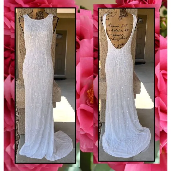 Lulus Glamourous Ever After White Sequin Beaded Backless Maxi Dress Size S