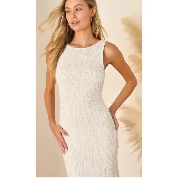 Lulus Glamourous Ever After White Sequin Beaded Backless Maxi Dress Size S