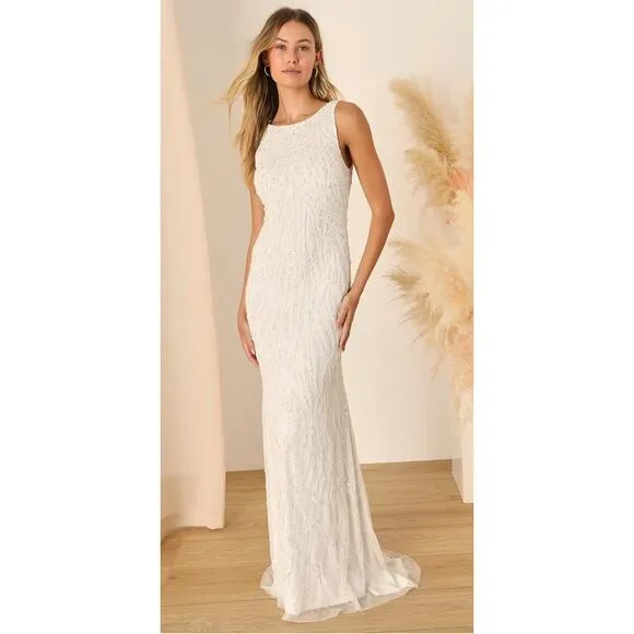 Lulus Glamourous Ever After White Sequin Beaded Backless Maxi Dress Size S